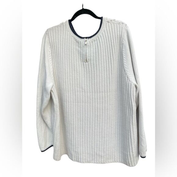 Talbots Sweater Pullover Long Sleeve Chunky Knit Zip Back White&Black trim 3X - Picture 2 of 6
